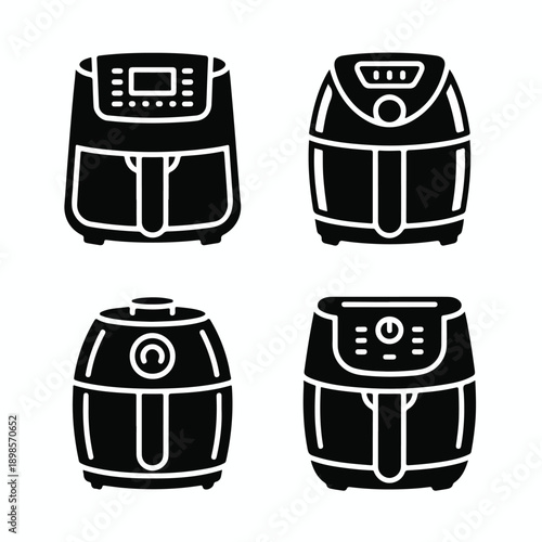 “Air Fryer Silhouette Icon Set – Black & White Flat Vector Collection”