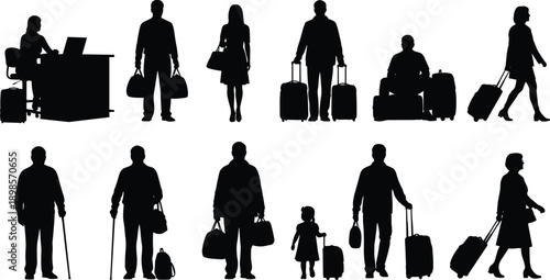 Travelers silhouette set with luggage, business people and families at airport, walking waiting poses, journey travel concept, black vector illustration