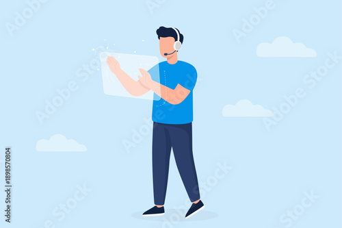 Man using transparent virtual screen with headset for futuristic customer support concept