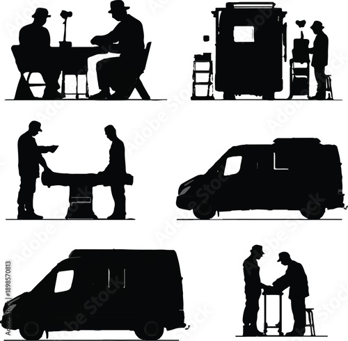 Silhouettes of medical professionals and vehicles for mobile field operations and emergency services