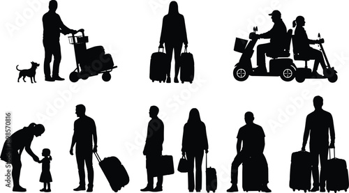 Travelers silhouette set with luggage, families couples and individuals at airport, transportation waiting walking poses, journey tourism concept, black vector illustration