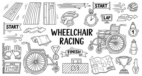 Doodle illustration of wheelchair racing elements including start and finish lines, medals, and equipment