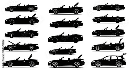 Collection of black convertible car silhouettes with open tops.