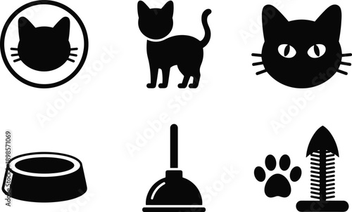 Cat pet care icons set food bowl litter scoop paw fish toy feline black vector illustration