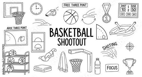 Collection of hand-drawn basketball elements and icons for sports design projects