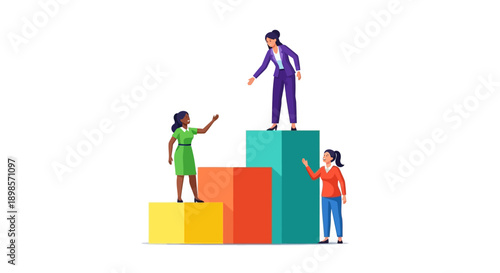 Leadership Mentorship and Career Success Illustration. Business Women Climbing Bar Chart Steps for Professional Development and Team Support.
