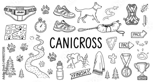 Canicross equipment and elements doodle illustration for sports and outdoor activities