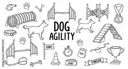 Collection of dog agility equipment and elements in a doodle art style
