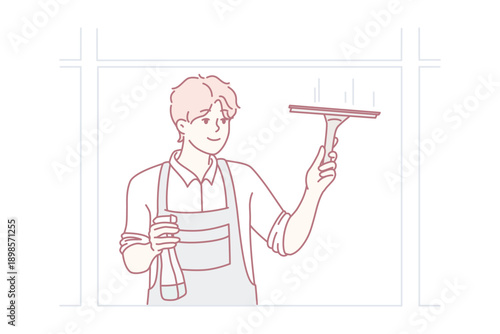Man washes windows using brush and spray bottle with detergent, outside view of building. Guy employee of cleaning company in work uniform cleans up business center. Flat vector illustration