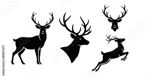 Collection of black deer silhouettes with antlers.