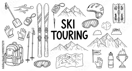 Hand-drawn collection of ski touring equipment and mountain scenery elements
