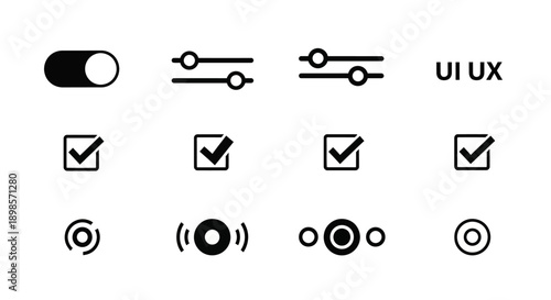 Set of minimalist ui ux interface control icons including toggle switches sliders checkboxes and radio buttons isolated on white background design