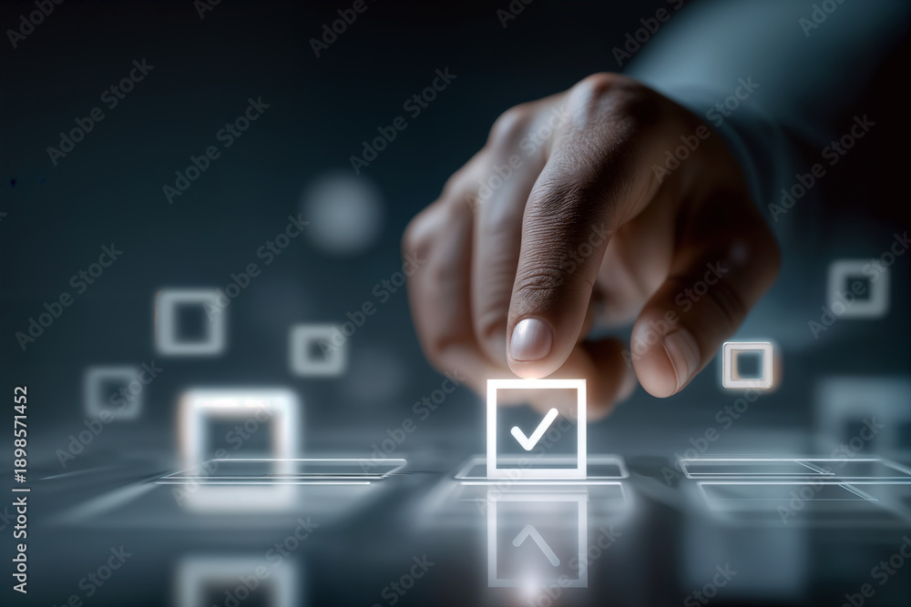 Naklejka premium Free-Running Hand Selecting Digital Checkbox for High-Tech Decision-Making in a Futuristic