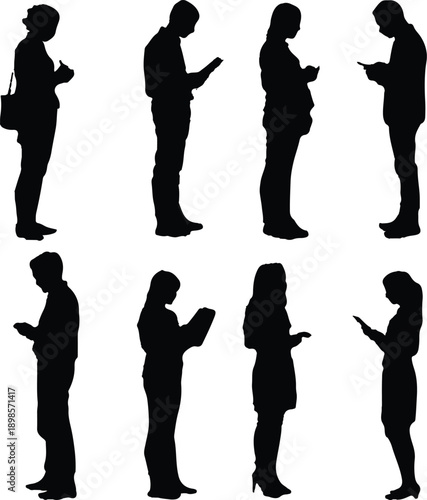 A collection of eight silhouettes depicting people engrossed in using their mobile electronic devices