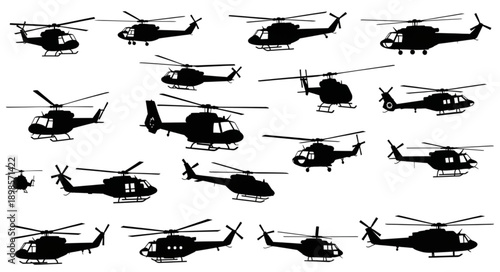Collection of Black Helicopter Silhouettes on White Background.