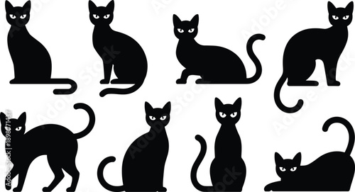 Black cat silhouette icons set sitting standing walking poses feline animal spooky halloween vector illustration