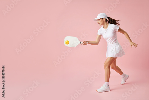 Woman playing pickleball and performing forehand stroke on pink background