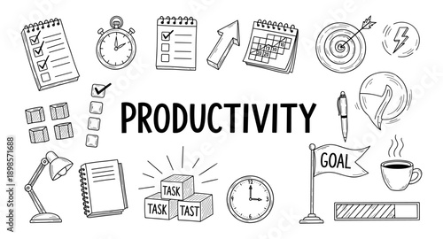 Productivity icons and symbols for time management, goal setting, and task completion