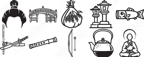 Set of Japanese cultural symbols including a monk, sword, and rice isolated on white background