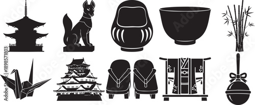 Set of Japanese cultural icons featuring a pagoda, crane, and daruma doll isolated on white background