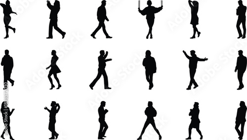 People silhouette icons set walking standing posing men women human activity gesture black vector illustration