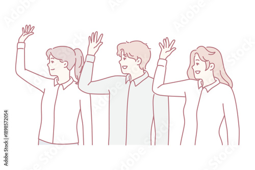 Cheerful man and women in office clothes showing hello gesture. Business people standing in row raise their hand up to express ideas for improving financial performance of company. Flat vector image