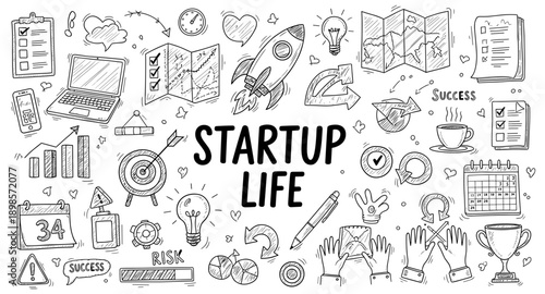Doodle illustration of startup life elements including a rocket, laptop, and business icons