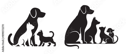 Stylized Pet Silhouettes of Dogs and Cats Grouped Together on White Background Vector Illustration.