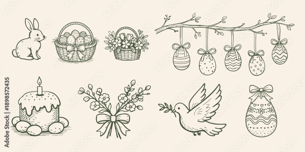 Fototapeta premium Hand drawn Easter elements set with bunny, eggs, baskets, cake, dove and spring branches, perfect for Easter invitations, greeting cards, prints and holiday designs