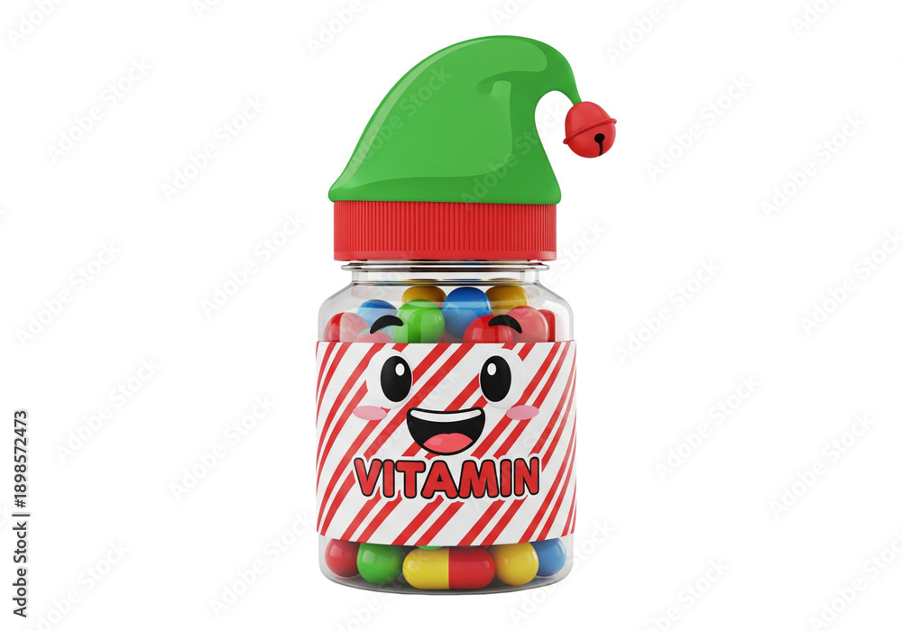 Obraz premium Festive Vitamin Bottle with Elf Hat and Smiling Kawaii Face