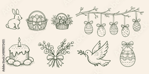 Hand drawn Easter elements set with bunny, eggs, baskets, cake, dove and spring branches, perfect for Easter invitations, greeting cards, prints and holiday designs