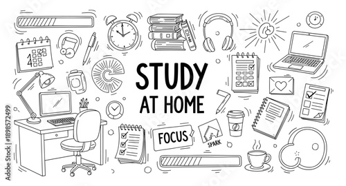 Doodle illustration of study at home essentials and icons for learning and productivity
