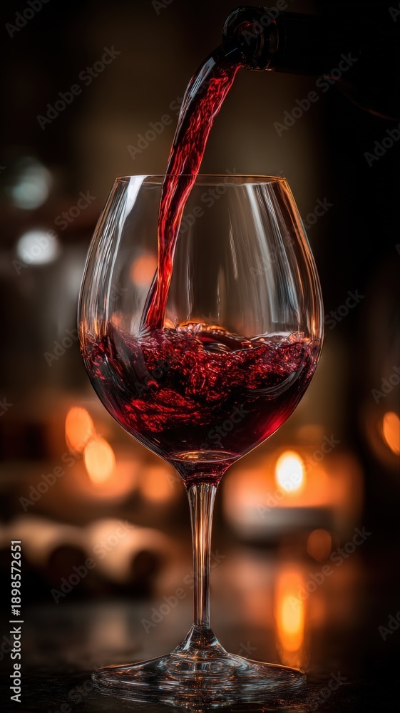 Fototapeta premium Pouring Red Wine into Glass with Ambient Candlelight, Festive Celebration and Romantic Atmosphere