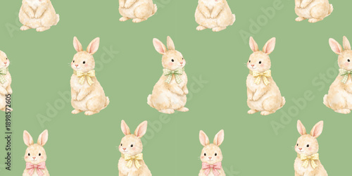 Watercolor Easter bunnies seamless pattern with cute rabbits and pastel bows on green background, perfect for spring textiles, nursery designs and holiday wrapping