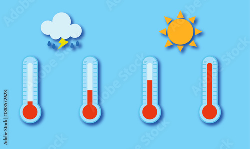 set of thermometers showing temperature levels with weather icons sun and cloud