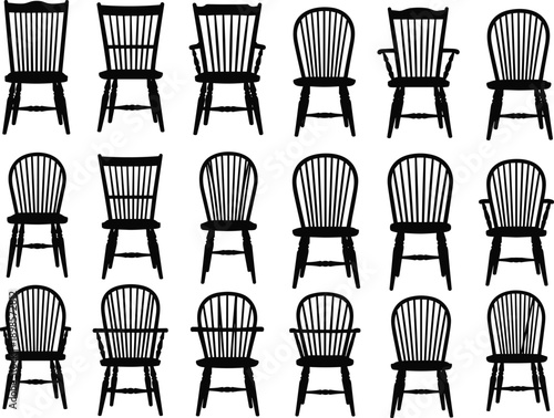 “Silhouette collection of classic wooden chairs, vintage furniture design set with varied shapes, spindles, and armrests, isolated on white background”