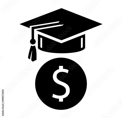 Graduation cap and dollar sign symbolizing education cost or student loan