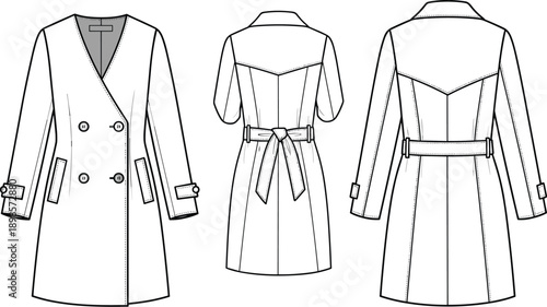 Technical fashion illustration of women’s trench coat, showcasing front and back views, double-breasted design, belt detail, pockets, and garment construction