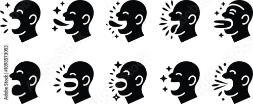 Human speech expression icons set showing talking shouting whispering laughing faces communication sound symbols silhouette vector illustration