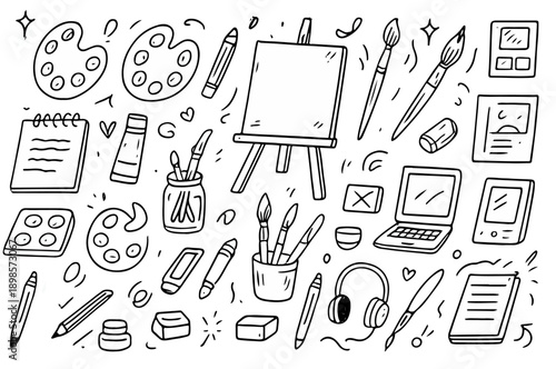 hand drawn doodle vector set of art supplies illustrated in a sketchy ink-pen and casual doodle style isolated on white background
