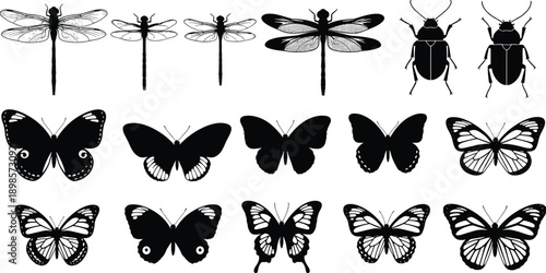 Insect silhouette collection vector illustration, butterflies dragonflies and beetles isolated on white background, detailed winged insects set for nature, tattoo, decorative design use