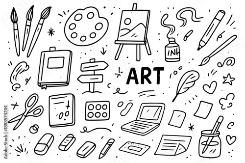hand drawn doodle vector set of art supplies illustrated in a sketchy ink-pen doodle style isolated on white background
