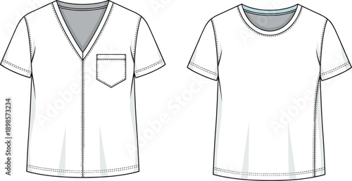 Technical flat sketch of short-sleeved shirts, featuring V-neck with pocket and round-neck design, highlighting garment construction, stitching, and apparel variation