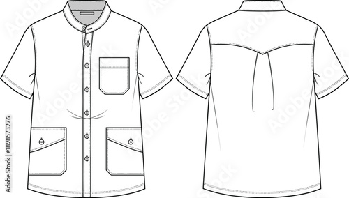 Technical flat sketch of short-sleeved shirt design, featuring mandarin collar, button placket, pockets, yoke, pleat, and structured garment construction details