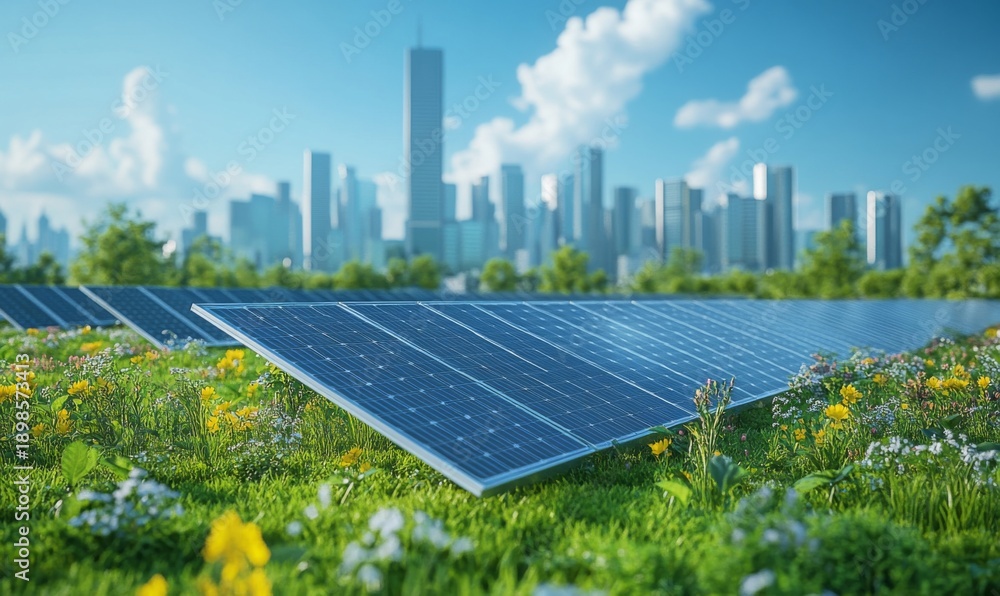 Fototapeta premium Solar-powered cities with advanced energy systems, sustainable future technology, 3D illustration