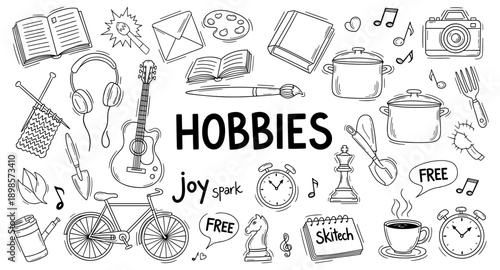 Collection of hand-drawn icons representing various hobbies and leisure activities