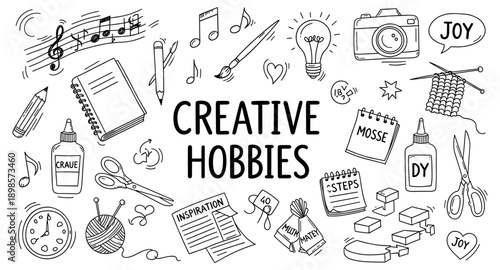 Collection of hand-drawn icons representing various creative hobbies and crafts