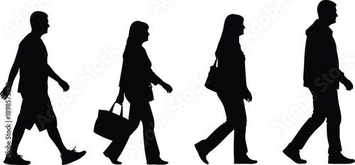 Walking people silhouette vector illustration set, men and women in side view isolated on white background, urban lifestyle, commuting, movement concept design