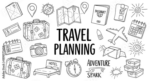 Travel planning doodles with suitcases, passport, airplane, and map for vacation preparation