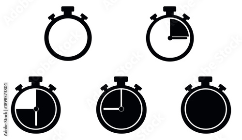 Simple stopwatch icon set featuring elapsed time indicators for time tracking and speed
